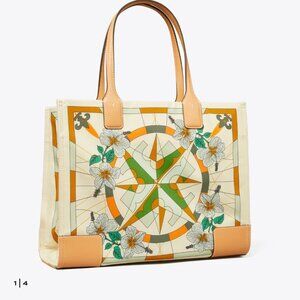TORY BURCH ELLA PRINTED SMALL TOTE french cream lei floral compass